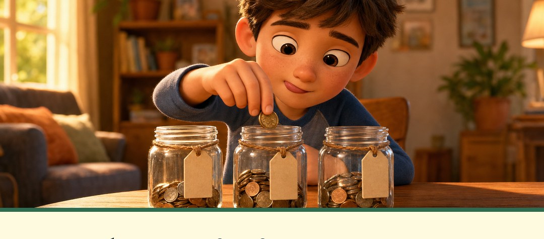 Un niño repartiendo monedas en frascos